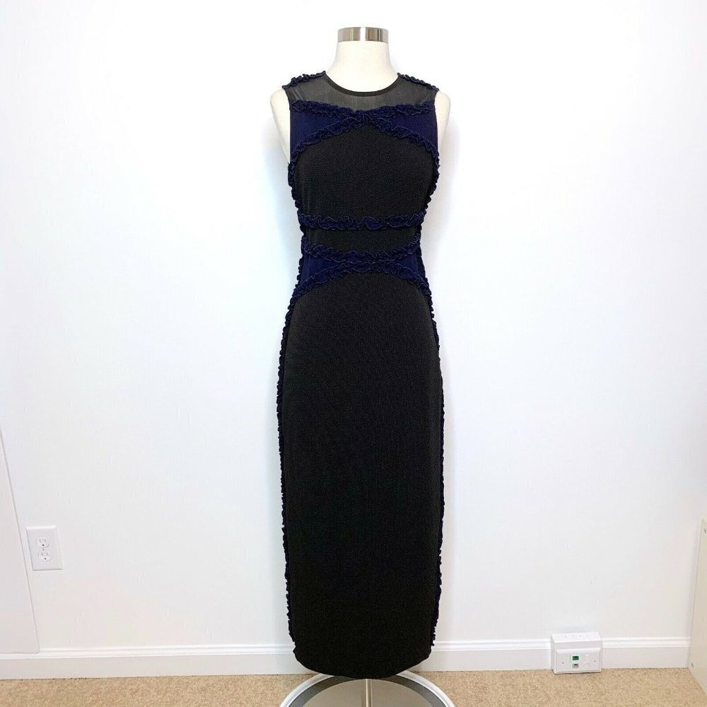 OPENING CEREMONY $475 Black Blue‎ Leo Dress Midi Length Sleeveless Ruffle Trim